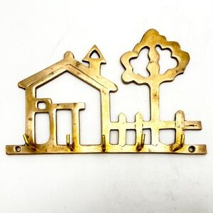 Vintage Brass Cottagecore Key Holder House Tree Wall Mount 5 Hooks 4.5"H x 7.5"W
